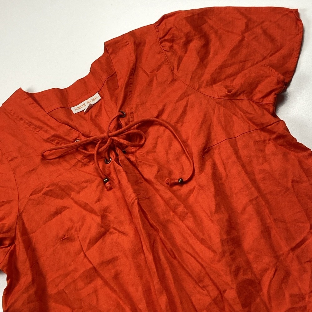 Knox Rose Lightweight Flutter Sleeve Top Sz M Red Tie Front Woven Cotton Blouse